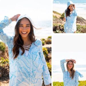 Charlie Holiday Swim Cover Lace Up Hoodie in Turquoise & White Leaf Print